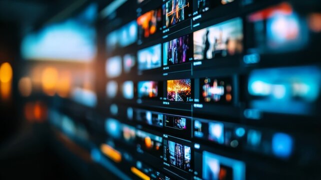 Digital video editing interface featuring multi screen media thumbnails for professional film post production content workflow.