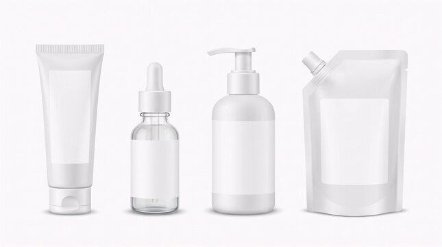 Empty transparent plastic laboratory bottles and containers on white background minimalist clean design