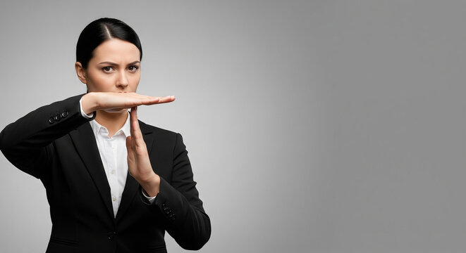Serious businesswoman making a T-shape time out gesture with her hands, perfect for pausing taking a break and corporate limits concepts