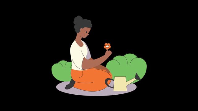 African American Woman Gardening and Relaxing 2D Character Motion Animation Video. Black Woman Tending to Plants Isolated on Black Transparent Background with Alpha Channel