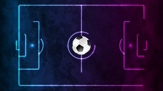 Abstract sports background with soccer ball on dark textured grunge pitch with glowing blue and purple neon tactical lines from top view. Football motion design. Video animation Ultra HD 4K 3840x2160