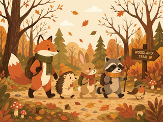 Obraz premium Cute animal storybook illustration shows friendly forest characters in colorful children book style
