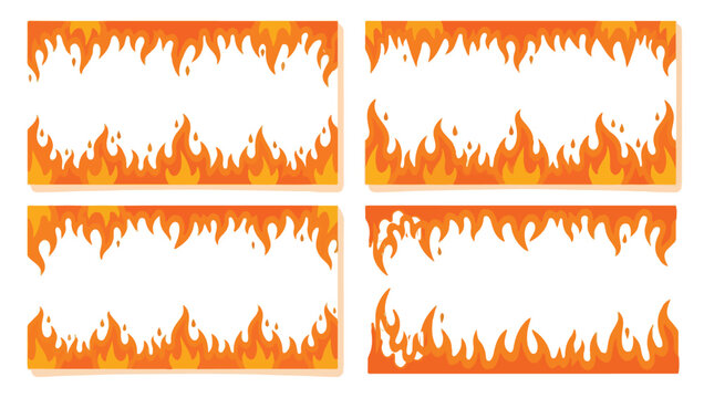 Cartoon fire flame border set, orange burning fire frames collection, flat vector bonfire edges for hot sale banners and posters