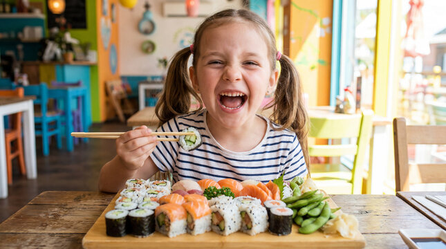 International Sushi Day girl child first time eating sushi laughing excited expression for holiday food celebration culinary promotional design
