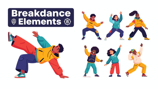 Breakdance elements vector set, urban hip hop dancers in streetwear, modern breakdancing character collection for youth culture design