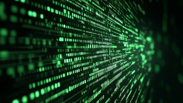 Abstract digital background with glowing green binary data stream lines and matrix code flowing on dark cybernetic technology surface.