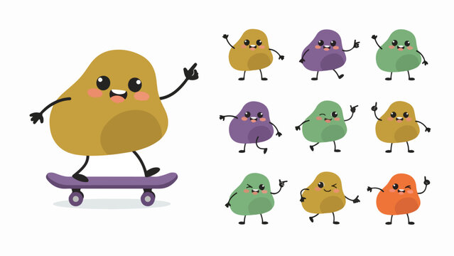 Cute potato mascot character set, funny vegetable cartoon on skateboard, collection of 10 colorful potato emojis with various expressions