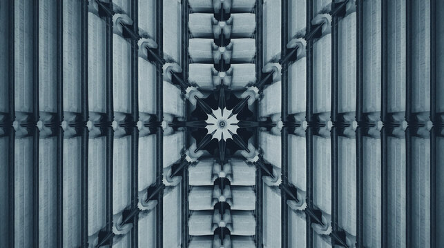 Symmetrical Futuristic Metal Corridor with Central Star Gear Emblem, Blue Gary Industrial Pattern, Repeating Architecture Dramatic Perspective Sci-Fi Technology Background