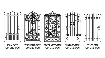 Obraz premium Five distinct gate outline icons illustrating various architectural styles, from simple iron and decorative wrought iron to vintage and picket fence designs.