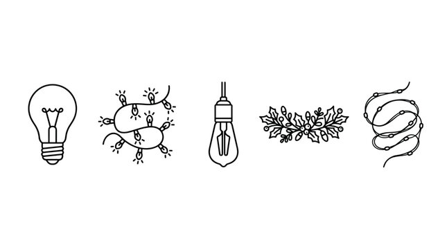 Minimalist line art icons of various light bulbs, decorative string lights, and a festive holly sprig for holiday and illumination themes.