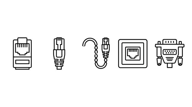 Essential network and computer connection ports and plugs, including Ethernet and VGA, are illustrated with clean, minimalist line art icons for technology concepts.