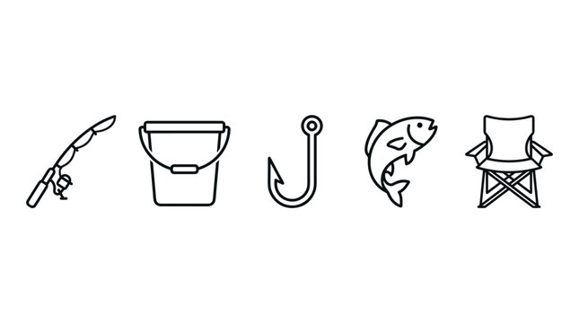 Simple line art icons depicting various fishing tools and accessories for anglers and outdoor enthusiasts to illustrate leisure activities.