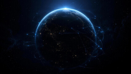 Fototapeta premium Global Network: A luminous digital globe pulsates with interconnected nodes, symbolizing the vast network of global communication and technology.