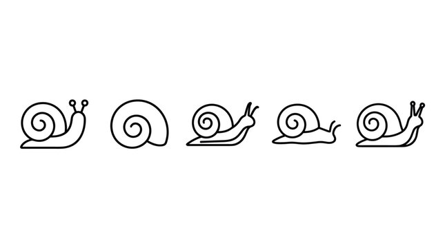 Five black outline snail icons depicting various forms and styles of the slow-moving gastropod mollusk, showcasing their unique shells.