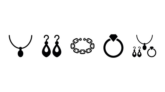 Jewelry icons set featuring elegant necklace, dangle earrings, chain bracelet, and diamond ring designs for fashion and luxury concepts.