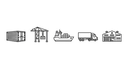 Obraz premium Logistics and shipping industry icons depicting global cargo transportation, warehousing, and delivery services in a modern outline style.