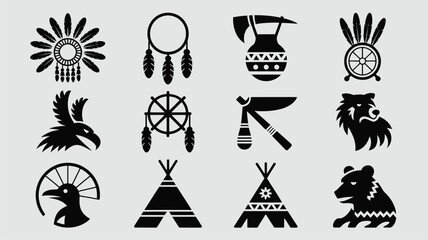 Native american culture set featuring tribal patterns and cultural artifacts for designs. © Antu