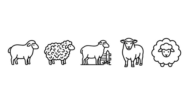 Various sheep illustrations in simple outline style, perfect for farm animal concepts, agricultural designs, and children's educational materials.