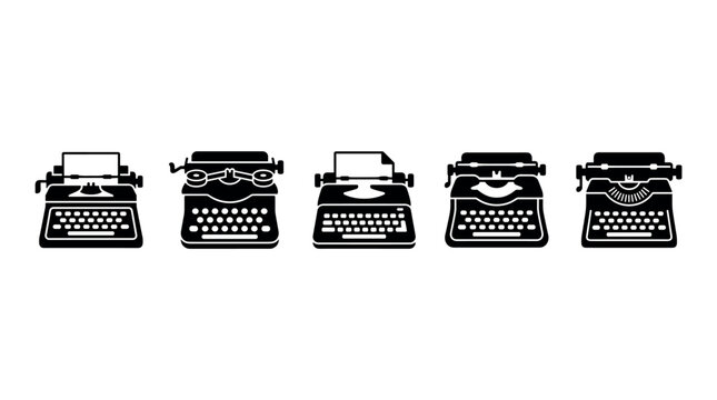 Five vintage mechanical typewriters in a row showcasing classic writing instruments and retro communication technology with a nostalgic feel.