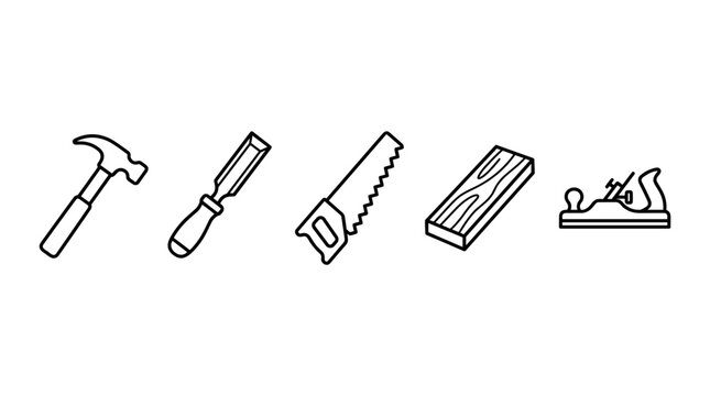 Hammer, chisel, saw, wood, and hand plane icons represent essential carpentry and construction tools for various building and crafting projects.