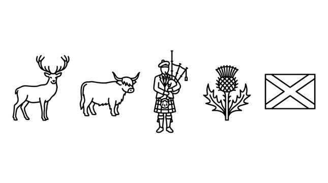 Scottish stag, Highland cow, bagpiper, thistle, and flag icons represent national culture, wildlife, and traditions in a simple line art style.