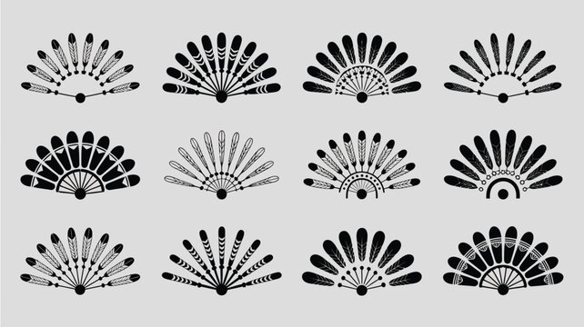 Various native american inspired fans decorated with feathers and beads.