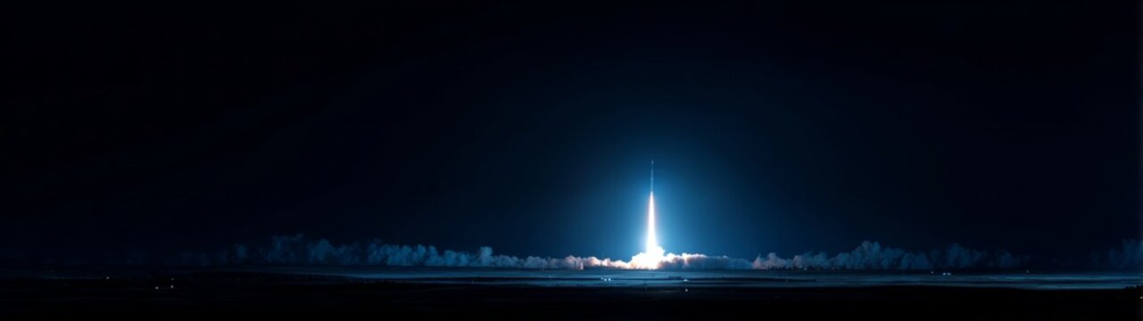 Dramatic sky ballet of defense missile above desert night. Vivid gradient. Intense rocket launch casts fiery glow on desert night. Digital artwork. Editorial style.