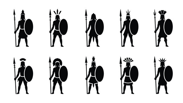 Tribal warrior silhouette collection with spears and shields in traditional ethnic attire.