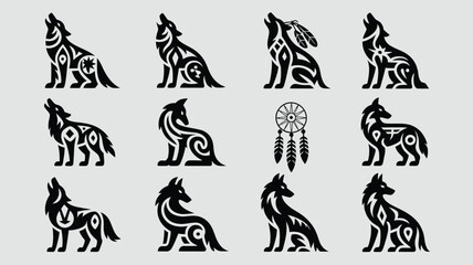 Obraz premium Stylized wolf silhouettes with tribal patterns, howling and sitting poses.