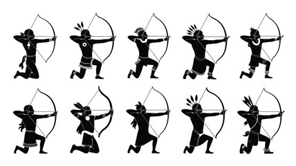 Ten black silhouettes of indigenous warriors kneeling and shooting arrows from traditional. © Antu