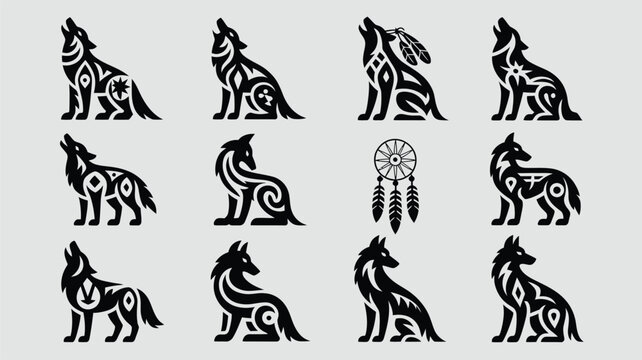Stylized wolf silhouettes with tribal patterns, howling and sitting poses.