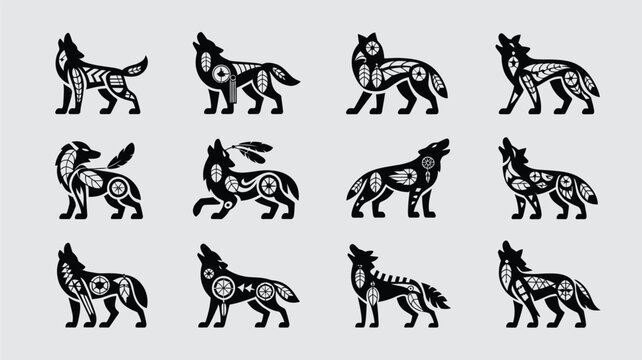Stylized wolf silhouettes with tribal patterns, howling and sitting poses.