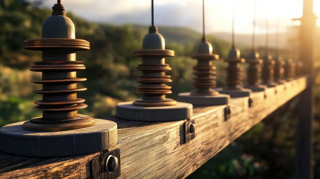 Ceramic electrical insulators mounted on a weathered wooden utility pole