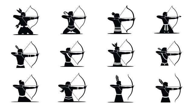 Indigenous archer silhouettes set featuring tribal bowmen with arrows in various positions.