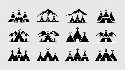 Collection of twelve vector teepee tents with mountain backgrounds for branding projects set. © Antu