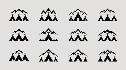Twelve black icons featuring teepee tents and mountains for logo design vector element set. © Antu