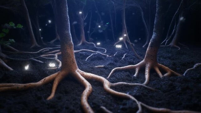Intricate Root System Network Showcasing Plant Communication and Nutrient Transport Functions in a Dark Forest Floor Environment with Bioluminescen...