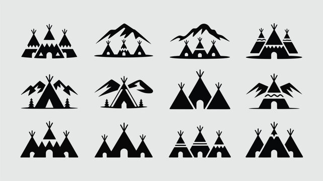 Collection of twelve vector teepee tents with mountain backgrounds for branding projects set.