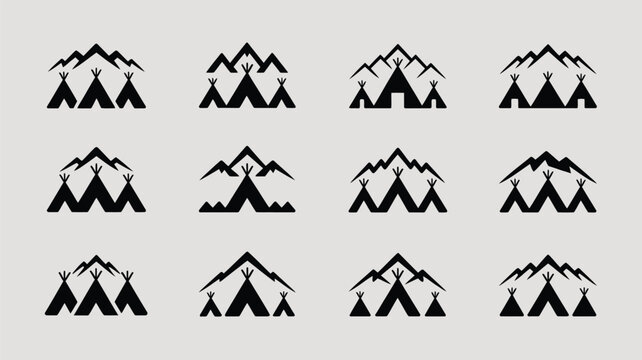 Twelve black icons featuring teepee tents and mountains for logo design vector element set.