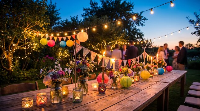 Festive garden dinner party setup with colorful paper lanterns and string lights over rustic wooden table decorated with fresh flowers and candlelight for summer event
