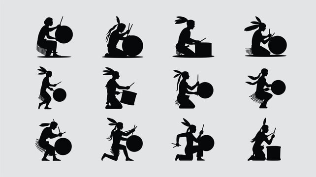 Set of native american people playing drums, various poses and drum types.
