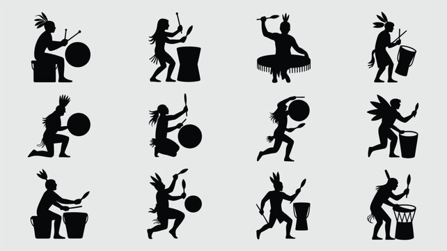 Native american tribal dancers performing ritual music with drums and feathers celebration.