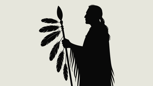 Silhouette illustration of native american person holding ceremonial staff with feathers.