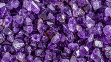 Fototapeta premium Natural amethyst crystal clusters texture background deep purple gemstones macro close up photography decorative mineral stone surface.