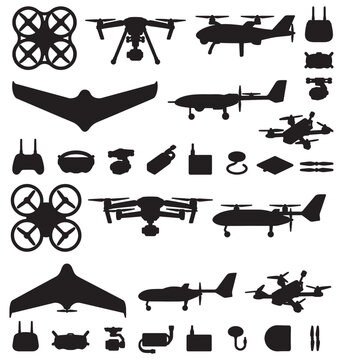 Drone and UAV Silhouettes Set With Quadcopter, Fixed-Wing Aircraft and Remote Control Icons