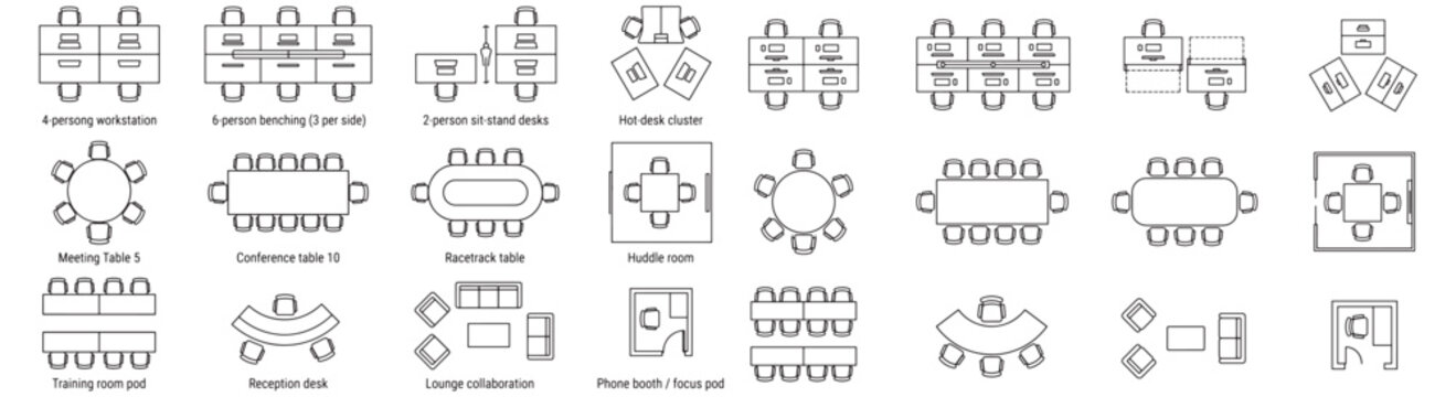 Office Meeting Room Seating Layouts Diagram Showing Round, Oval, Rectangular, U-Shaped, Classroom and Huddle Booth Plans