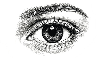 Detailed monochrome human eye sketch illustration with realistic lashes eyebrow texture and vintage engraved artistic style © MDAL