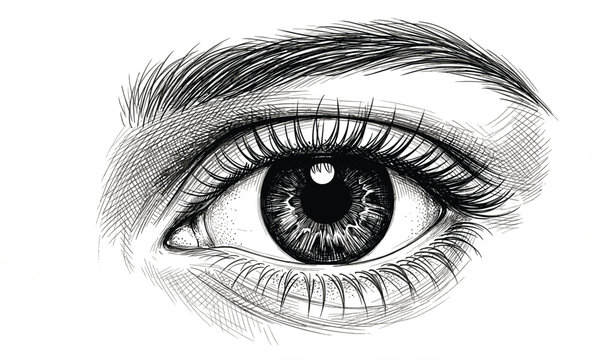 Detailed monochrome human eye sketch illustration with realistic lashes eyebrow texture and vintage engraved artistic style