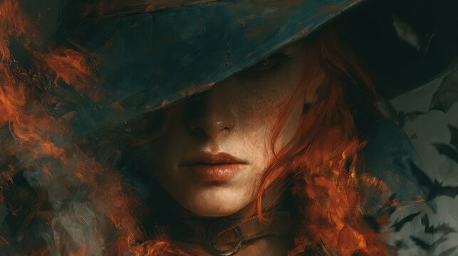 close-up portrait of a powerful sorceress, a wide-brimmed hat casting deep shadow over her eyes, fire and smoke surrounding her, long fiery red hair, dark dramatic lighting, multiple bats flying past