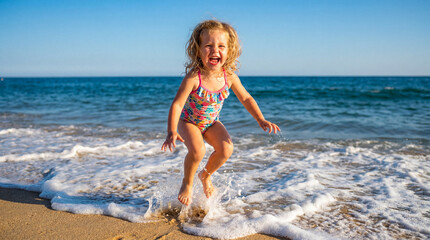 Naklejka premium Summer beach vacation toddler girl jumping waves laughing playing for holiday travel tropical paradise ocean fun children seaside joyful design